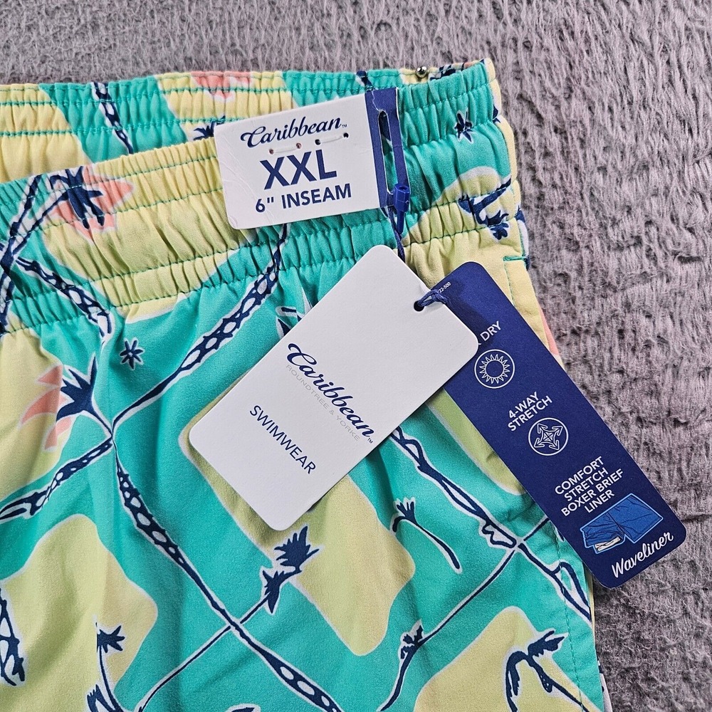 NWT Caribbean Swim Shorts Trunks Men's XXL‎ Lined Zip Pocket Palm Tree Pineapple